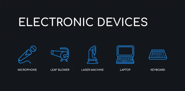 5 контур штрих синей клавиатуры, ноутбук, лазерная машина, лист воздуходувки, значки микрофона из коллекции электронных устройств на черном фоне. отредактируемые линейные тонкие значки . — стоковый вектор