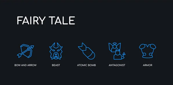 5 outline stroke blue armor, antagonist, atomic bomb, beast, bow and arrow icons from fairy tale collection on black background. line editable linear thin icons. Royalty Free Stock Vectors