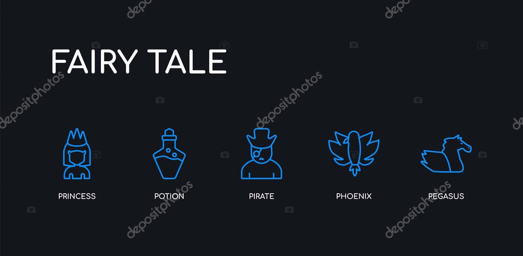 5 Outline Stroke Blue Pegasus Phoenix Pirate Potion Princess Icons From Fairy Tale Collection On Black Background Line Editable Linear Thin Icons Premium Vector In Adobe Illustrator Ai Ai