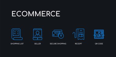 5 anahat kontur mavi qr kodu, makbuz, güvenli alışveriş, satıcı, siyah arka plan üzerinde e-ticaret koleksiyonundan alışveriş listesi simgeleri. çizgi düzenlenebilir doğrusal ince simgeler.