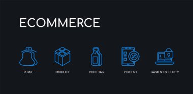 5 anahat kontur mavi ödeme güvenliği, yüzde, fiyat etiketi, ürün, siyah arka plan üzerinde e-ticaret koleksiyonundan çanta simgeleri. çizgi düzenlenebilir doğrusal ince simgeler.