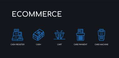 5 anahat vuruş mavi kart makinesi, kart ödeme, sepeti, nakit, siyah arka plan üzerinde e-ticaret koleksiyonundan yazar kasa simgeleri. çizgi düzenlenebilir doğrusal ince simgeler.