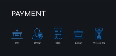 5 anahat kontur mavi atm makine, sepet, faturalar, komisyoncu, siyah arka plan üzerinde ödeme koleksiyonundan simgeleri satın. çizgi düzenlenebilir doğrusal ince simgeler.