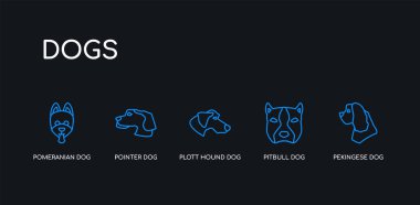 5 anahat vuruş mavi pekingese köpek, pitbull köpek, komplo tazı köpek, siyah arka plan üzerinde köpek koleksiyonundan işaretçi pomeranian simgeleri. çizgi düzenlenebilir doğrusal ince simgeler.