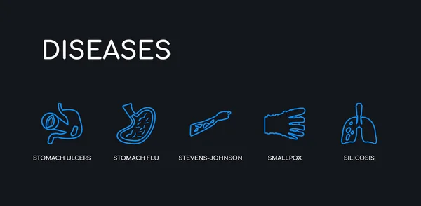 5 Garis besar stroke silikosis biru, cacar, sindrom stevens-johnson, flu perut, ulkus perut ikon dari penyakit yang dikumpulkan pada latar belakang hitam. ikon linear tipis yang dapat disunting . Stok Vektor Bebas Royalti