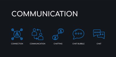 5 anahat vuruş mavi sohbet, sohbet balonu, sohbet, iletişim, siyah arka plan üzerinde iletişim koleksiyonundan bağlantı simgeleri. çizgi düzenlenebilir doğrusal ince simgeler.