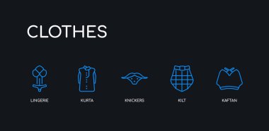 5 anahat vuruş mavi kaftan, kilt, külot, kurta, siyah arka plan üzerinde giysi koleksiyonundan iç çamaşırı simgeleri. çizgi düzenlenebilir doğrusal ince simgeler.