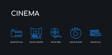 5 anahat vuruş mavi film film, film oyuncusu, film makara, tiyatro, siyah arka plan üzerinde sinema koleksiyonundan negatif film simgeleri. çizgi düzenlenebilir doğrusal ince simgeler.