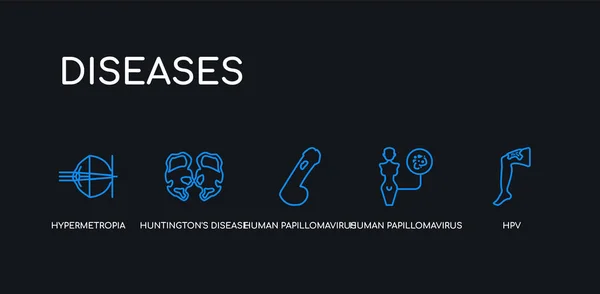 5 outline stroke blue hpv, human papillomavirus, human papillomavirus (hpv), huntington's disease, hypermetropia icons from diseases collection on black background. line editable linear thin icons. — Stock Vector