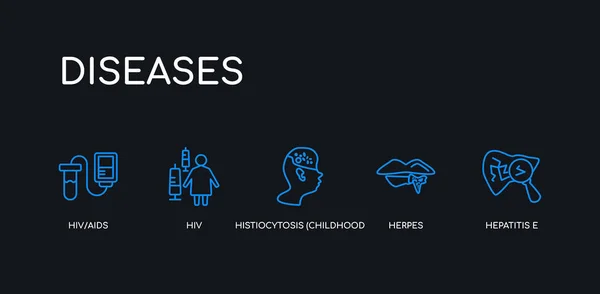 5 contorno accidente cerebrovascular hepatitis azul e, herpes, histiocitosis (cáncer infantil), hiv, hiv / SIDA iconos de la colección de enfermedades en el fondo negro. línea editable lineal delgada iconos . — Archivo Imágenes Vectoriales