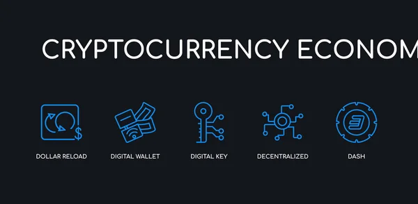 5 umreißen Strich blauer Strich, dezentraler, digitaler Schlüssel, digitale Brieftasche, Dollar-Reload-Symbole aus Kryptowährungswirtschaft Sammlung auf schwarzem Hintergrund. Linie editierbare lineare dünne Symbole. — Stockvektor