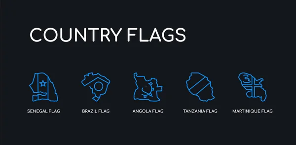 5 contorno del trazo azul de la bandera de Martinica, bandera de Tanzania, bandera de Angola, Brasil iconos senegal de la colección de banderas de país sobre fondo negro. línea editable lineal delgada iconos . — Vector de stock