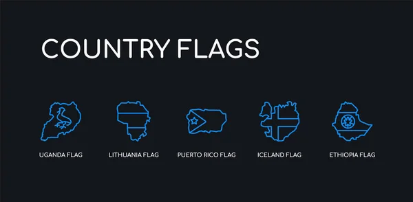 5 delineano ictus bandiera blu etiopia, bandiera iceland, bandiera portoricana, icone di lituania uganda dalla collezione di bandiere di paese su sfondo nero. linea modificabile icone sottili lineari . — Vettoriale Stock