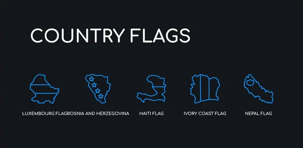 5 बाह्यरेखा स्ट्रोक निळा नेपाळ ध्वज, हस्तिदंत कोस्ट ध्वज, हैती ध्वज, बोस्निया आणि हर्जेगोविना लक्झेंबर्ग चिन्ह काळ्या पार्श्वभूमीवर देश ध्वज संग्रह. ओळ संपादित रेषेचा पातळ चिन्ह . — स्टॉक व्हेक्टर
