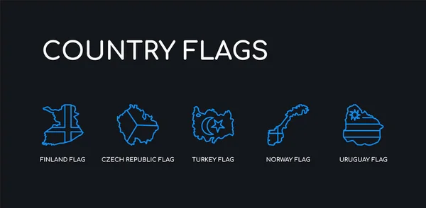 5 περίγραμμα περιγράμματος γαλάζια σημαία Ουρουγουάης, σημαία Νορβηγίας, Τουρκία σημαία, Τσεχική Δημοκρατία Φινλανδία εικόνες από τη συλλογή σημαίες χώρα σε μαύρο φόντο. γραμμή επεξεργάσιμο γραμμικά λεπτά εικονίδια. — Διανυσματικό Αρχείο