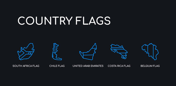 5 контур синего бельгийского флага, флаг costa rica, объединенный арабский эмират флаг, чиле южно-африканские иконы из коллекции флагов страны на черном фоне. отредактируемые линейные тонкие значки
.