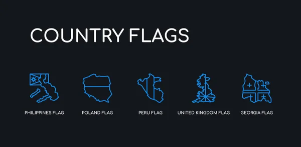 5 contorno tratto bandiera blu georgia, bandiera del regno unito, bandiera peru, icone filippine poland dalla collezione di bandiere di paese su sfondo nero. linea modificabile icone sottili lineari . — Vettoriale Stock
