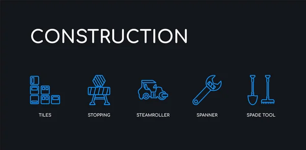 5 outline stroke blue spade tool, spanner, steamroller, stopping, tiles icons from construction collection on black background. line editable linear thin icons. — Stock Vector