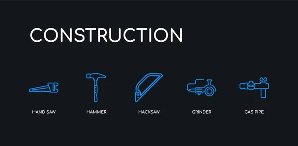 5 Umrisslinien blaue Gasleitung, Schleifer, Hacksäge, Hammer, Handsäge Symbole aus der Bausammlung auf schwarzem Hintergrund. Linie editierbare lineare dünne Symbole. — Stockvektor