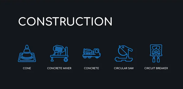 5 contorno acidente vascular cerebral disjuntor azul, serra circular, concreto, betoneira, ícones cone de coleção de construção em fundo preto. linha ícones finos lineares editáveis . —  Vetores de Stock