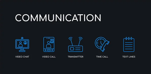 5 контуров линии синего текста, время вызова, передатчик, видеозвонок, иконки видео чата из коллекции коммуникаций на черном фоне. отредактируемые линейные тонкие значки . — стоковый вектор