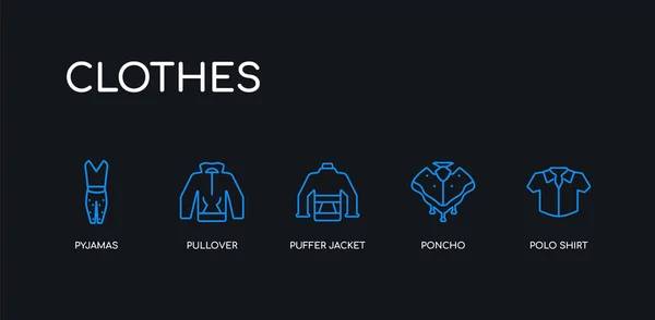 5 contorno trazo polo azul, poncho, chaqueta hinchable, jersey, pijamas iconos de la colección de ropa sobre fondo negro. línea editable lineal delgada iconos . — Vector de stock