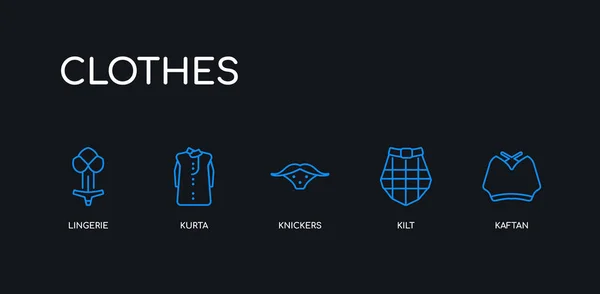 5 Umrisslinien blauer Kaftan, Kilt, Unterhosen, Kurta, Dessous-Ikonen aus der Kleidersammlung auf schwarzem Hintergrund. Linie editierbare lineare dünne Symbole. — Stockvektor