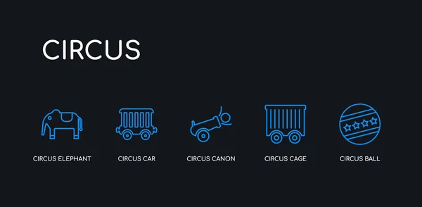 5 contorno trazo bola de circo azul, jaula de circo, canon de circo, coche, elefantes iconos de la colección sobre fondo negro. línea editable lineal delgada iconos . — Vector de stock