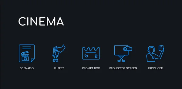 5 esquema de trazo productor azul, pantalla del proyector, cuadro de aviso, marioneta, iconos de escenario de la colección de cine sobre fondo negro. línea editable lineal delgada iconos . — Vector de stock