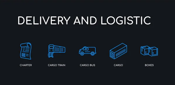 5 outline kotak biru coretan, kargo, bus kargo, kereta kargo, ikon piagam dari pengiriman dan koleksi logistik di latar belakang hitam. ikon linear tipis yang dapat disunting . Stok Vektor Bebas Royalti