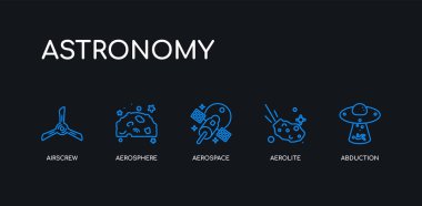 5 anahattı kontur mavi kaçırma, aerolite, Havacılık ve uzay, aerosphere, airscrew simgeler siyah arka plan astronomi koleksiyonundan. satır düzenlenebilir doğrusal ince simgeler.