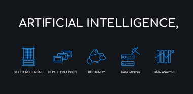 5 anahattı kontur mavi veri analizi, veri madenciliği, şekil bozukluğu, derinlik algısı, yapay zeka farkı motoru simgeler, siyah arka plan üzerinde koleksiyon. satır düzenlenebilir doğrusal ince simgeler.