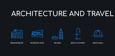 5 anahat kontur mavi plaj topu, plaj duş, büyük ben, biniş, mimari brandenburg simgeler ve siyah arka plan üzerine toplama seyahat. satır düzenlenebilir doğrusal ince simgeler.