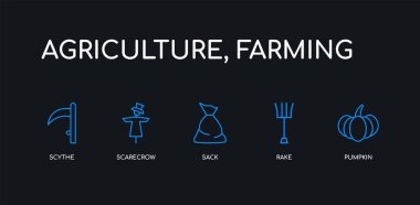 5 anahat kontur mavi kabak, komisyon, çuval, Korkuluk, tırpan koleksiyonu siyah arka plan üzerine tarım tarım, simgeler. satır düzenlenebilir doğrusal ince simgeler.