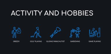 5 anahattı kontur mavi oyun oynama, bahçecilik, kayma paraşütçü, golf oynamak, açgözlü simgeler siyah arka plan üzerine etkinlik ve Hobiler koleksiyonundan. satır düzenlenebilir doğrusal ince simgeler.