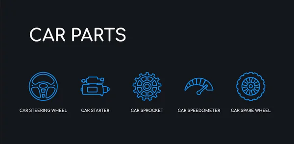 5 contour course roue de secours de voiture bleue, indicateur de vitesse de voiture, pignon de voiture, démarreur, icônes de volant de la collection de pièces sur fond noir. icônes minces linéaires modifiables en ligne . — Image vectorielle