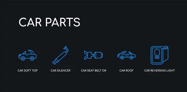 5 contour course bleu voiture feu arrière, toit de voiture, ceinture de sécurité ou ceinture de sécurité, silencieux, icônes soft top de la collection de pièces sur fond noir. icônes minces linéaires modifiables en ligne . — Image vectorielle