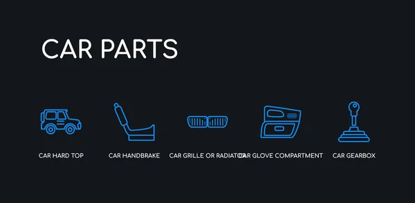 5 contorno carrera caja de cambios del coche azul, guantera del coche, rejilla del coche o rejilla del radiador, freno de mano, iconos superiores duros de la colección de piezas sobre fondo negro. línea editable lineal delgada iconos . — Vector de stock