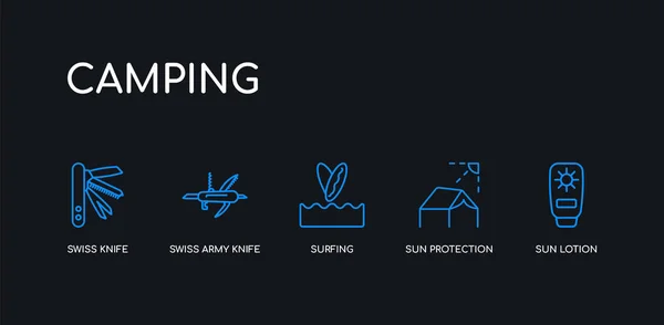 5 kontur skok niebieski słońce balsam, słońce ochrony, surfing, szwajcarski nóż wojskowy, szwajcarski nóż ikony z kempingu kolekcji na czarnym tle. liniowe cienkie ikony edytowalne liniowo. — Wektor stockowy