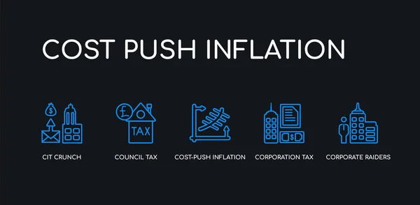 5 Outline stroke blå Corporate Raiders, bolagsskatt, kostnad-push inflation, rådets skatt, CIT Crunch ikoner från Cost push inflation samling på svart bakgrund. linje redigerbara linjära tunna ikoner. — Stock vektor