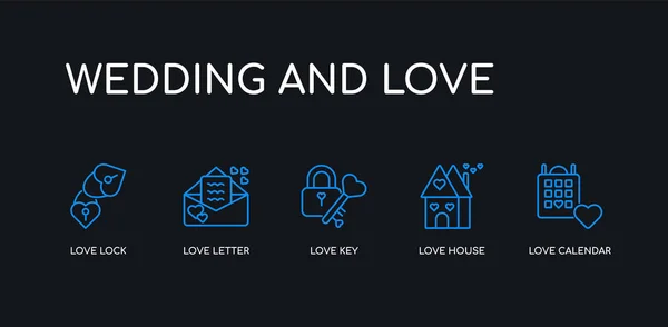 5 esquema trazo azul calendario de amor, casa de amor, llave de amor, carta, iconos de bloqueo de la boda y la colección sobre fondo negro. línea editable lineal delgada iconos . — Vector de stock