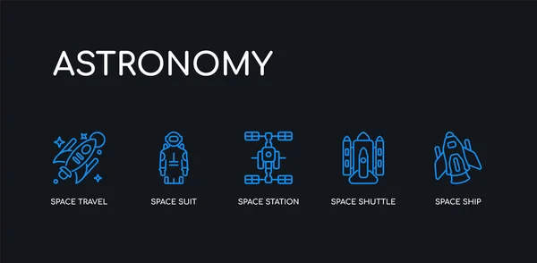5 contorno golpe nave espacial azul, transbordador espacial, estación espacial, traje, iconos de viaje de la colección de astronomía sobre fondo negro. línea editable lineal delgada iconos . — Vector de stock