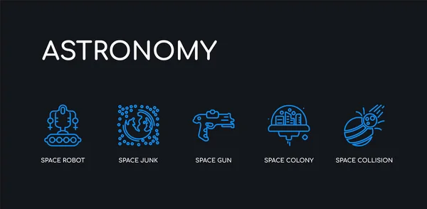 5 contorno golpe colisión espacial azul, colonia espacial, pistola espacial, basura, iconos robot de la colección de astronomía sobre fondo negro. línea editable lineal delgada iconos . — Vector de stock