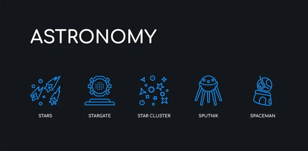 5 umrissene Striche blauer Raumfahrer, Sputnik, Sternhaufen, Sternentor, Sternensymbole aus der Astronomie-Sammlung auf schwarzem Hintergrund. Linie editierbare lineare dünne Symbole. — Stockvektor