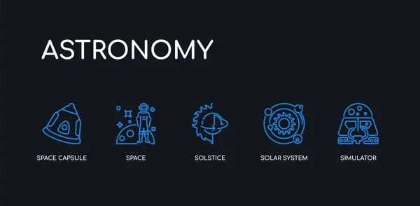 Simulador azul de 5 líneas, sistema solar, solsticio, espacio, iconos de cápsula espacial de la colección de astronomía sobre fondo negro. línea editable lineal delgada iconos . — Vector de stock