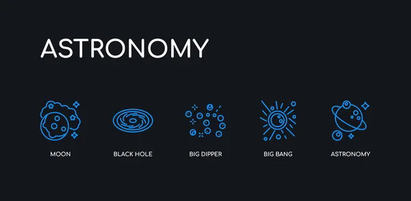 5 trazo contorno astronomía azul, big bang, gran dipper, agujero negro, iconos de la luna de la colección de astronomía sobre fondo negro. línea editable lineal delgada iconos . — Vector de stock