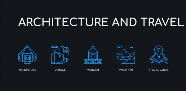 5 contour bleu course guide de voyage, vacances, vatican, voyage, entrepôt icônes de l'architecture et collection de voyage sur fond noir. icônes minces linéaires modifiables en ligne . — Image vectorielle
