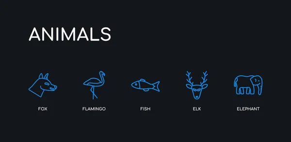 5 contorno tratto elefante blu, alce, pesce, fenicottero, icone volpe dalla collezione di animali su sfondo nero. linea modificabile icone sottili lineari . — Vettoriale Stock