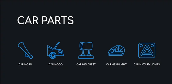 5 trazo del contorno luces de peligro del coche azul, faro del coche, reposacabezas del coche, capucha, iconos de cuerno de la colección de piezas sobre fondo negro. línea editable lineal delgada iconos . Ilustración De Stock