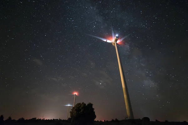 windmills, wind turbines. Power and energy, night photography